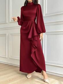 Modelyn Women Solid Color Stand Collar Ruffle Trim Elegant Long Sleeve Dress Long Evening Dresses