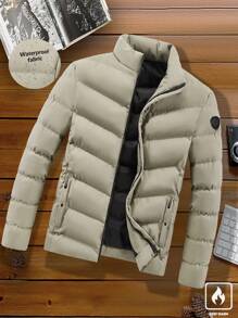 Manfinity Homme Loose Fit Men's Solid Color Zip-Up Coat For Winter, For Fall - Khaki - View 4