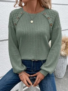 EMERY ROSE 杏色蕾丝拼布纹理女式长袖 T 恤