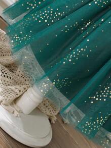 Glamorique Kids Christmas, New Year's Young Girl Elegant Net Yarn Cap Sleeve Patchwork Luxurious Foil Velvet Green Party Dress, Autumn/Winter - Dark Green - View 5