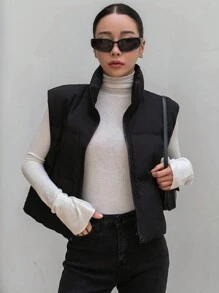 DAZY 女士纯色简约日常装无袖棉服外套，冬季女装，棉服女式夹克 - 黑色 - 查看 7