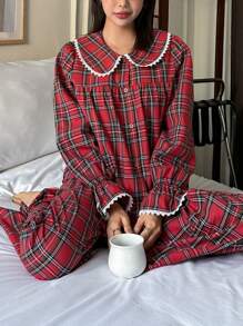 DAZY Cute Christmas Plaid Peter Pan Collar Ruffle Splicing Pajama Set, Fall Winter Clothes