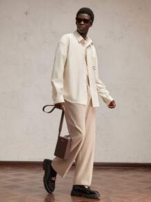 Manfinity VCAY 1pc Men Woven Fitted Turn-Down Collar Long Sleeve Casual Shacket, Suitable For Daily Wear, For Fall Winter - Apricot - View 4