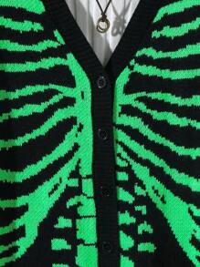 Teen Boy Skeleton Pattern V-Neck Button Down Long Sleeve Cardigan
