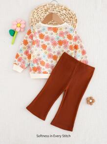 Cozy Pixies 2pcs/Set Baby Girl Floral Print Color Block Round Neck Long Sleeve Sweatshirt And Solid Color Pants Set - Multicolor - View 2