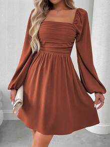 EMERY ROSE Đầm xòe tay đèn lồng màu trơn thanh lịch cho nữ, phù hợp cho mùa thu - Rỉ Nâu - Xem 4