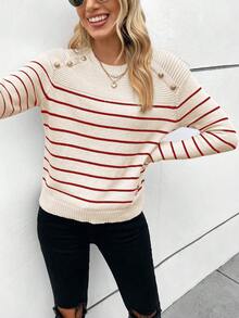 SHEIN Frenchy Striped Pattern Button Detail Drop Shoulder Sweater Casual Style - Apricot - View 4