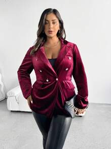 SHEIN Clasi Chaqueta blazer elegante con cuello de botón de terciopelo talla grande para mujer, ropa de Navidad