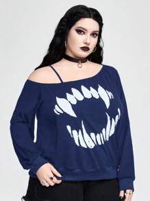 ROMWE Plus Size Gothic Style Oblique Shoulder Strap Fang Print Oversize Women Loose Fit Long Sleeve Sweatshirt - Navy Blue - View 4