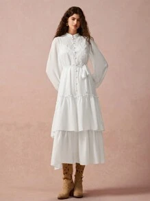 Enchnt Women's Elegant White Summer Graduation A-Line Dress,Solid Color Embroidered Front Button Long Sleeve Ruched Casual Fall Winter Christmas Clothing - White - View 5