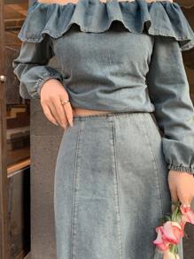 DAZY Women Elegant Off Shoulder Ruffle Top & Denim Skirt 2 Pieces Outfit, Suitable For Autumn