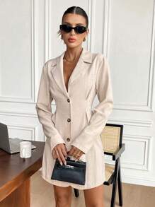 SHEIN Frenchy Vestido corto casual minimalista de mujer con botones frontales, manga larga y cuello alto de un solo color