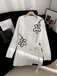 SHEIN Clasi Casual Floral Crochet Wrap Tie-Front Cardigan, Fall/Winter  White Cardigan Sweater ,Fall Women Sweaters, 3D Flower,Warm Soft Sweater