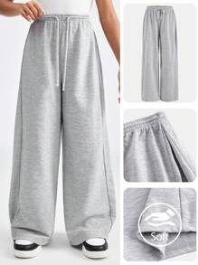 SHEIN Pantalón de chándal informal con cintura con cordón y pierna ancha de color gris para niña preadolescente