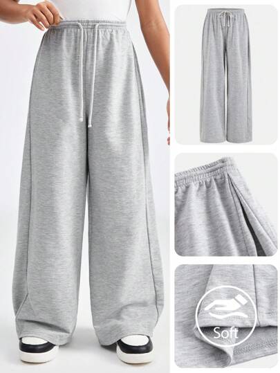SHEIN Spodnie dresowe dla dziewcząt w stylu casual w kolorze szarym ze ściągaczem w pasie i szerokimi nogawkami