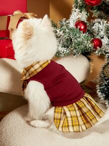 PETSIN 1 件宠物猫/狗红色毛绒运动衫拼布格子 JK 风格休闲校服 - 黃色 - 查看 3