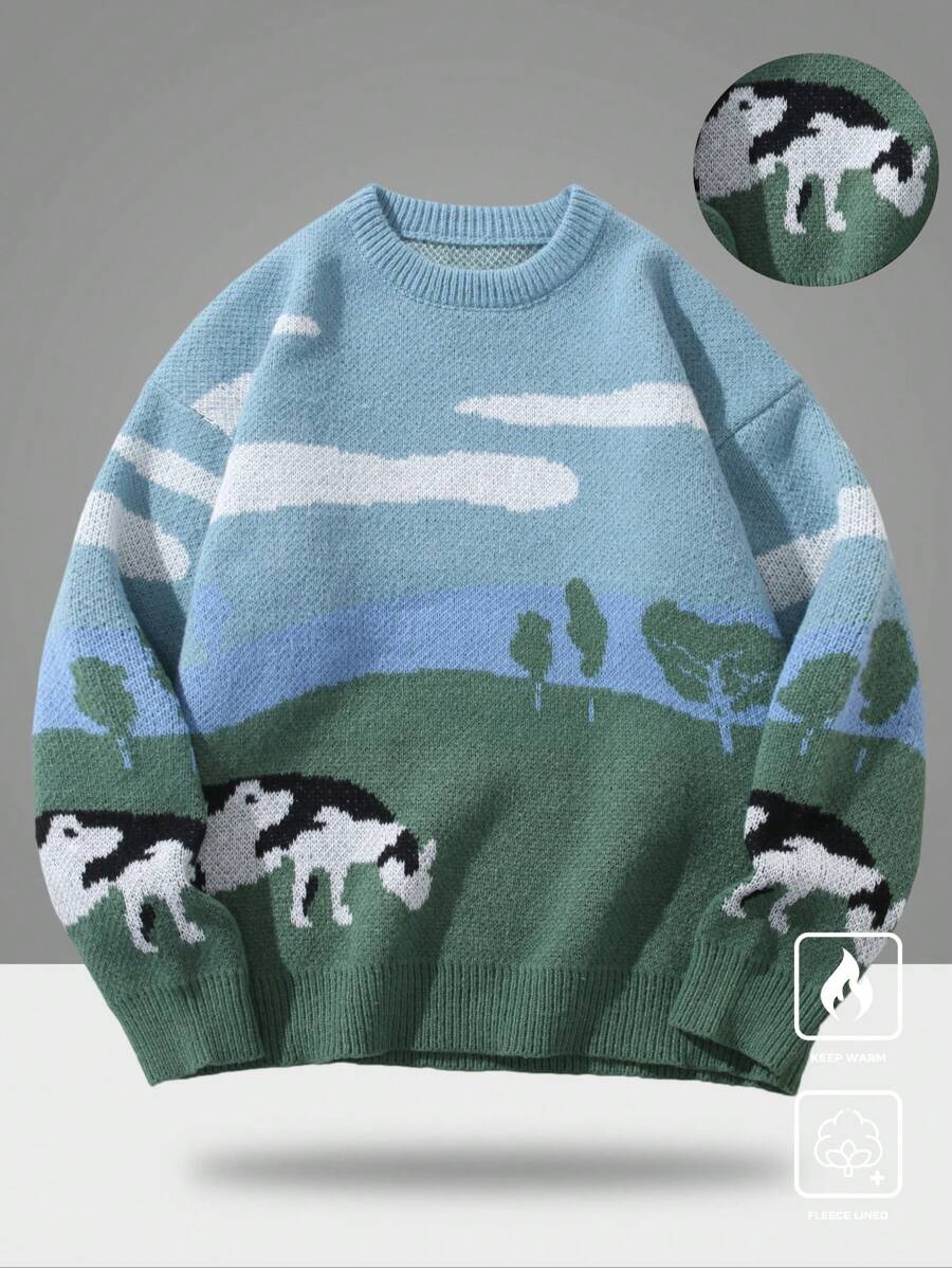 Manfinity Hypemode 男士休闲奶牛印花圆领长袖毛衣，秋冬，男士图案毛衣，男士针织衫，男士毛衣，图案毛衣，奶牛图案毛衣