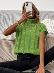Chiquease Women's Solid Color Turtleneck Short Sleeve Minimalist Knit Top, Casual Everyday Wear - Green - View 1
