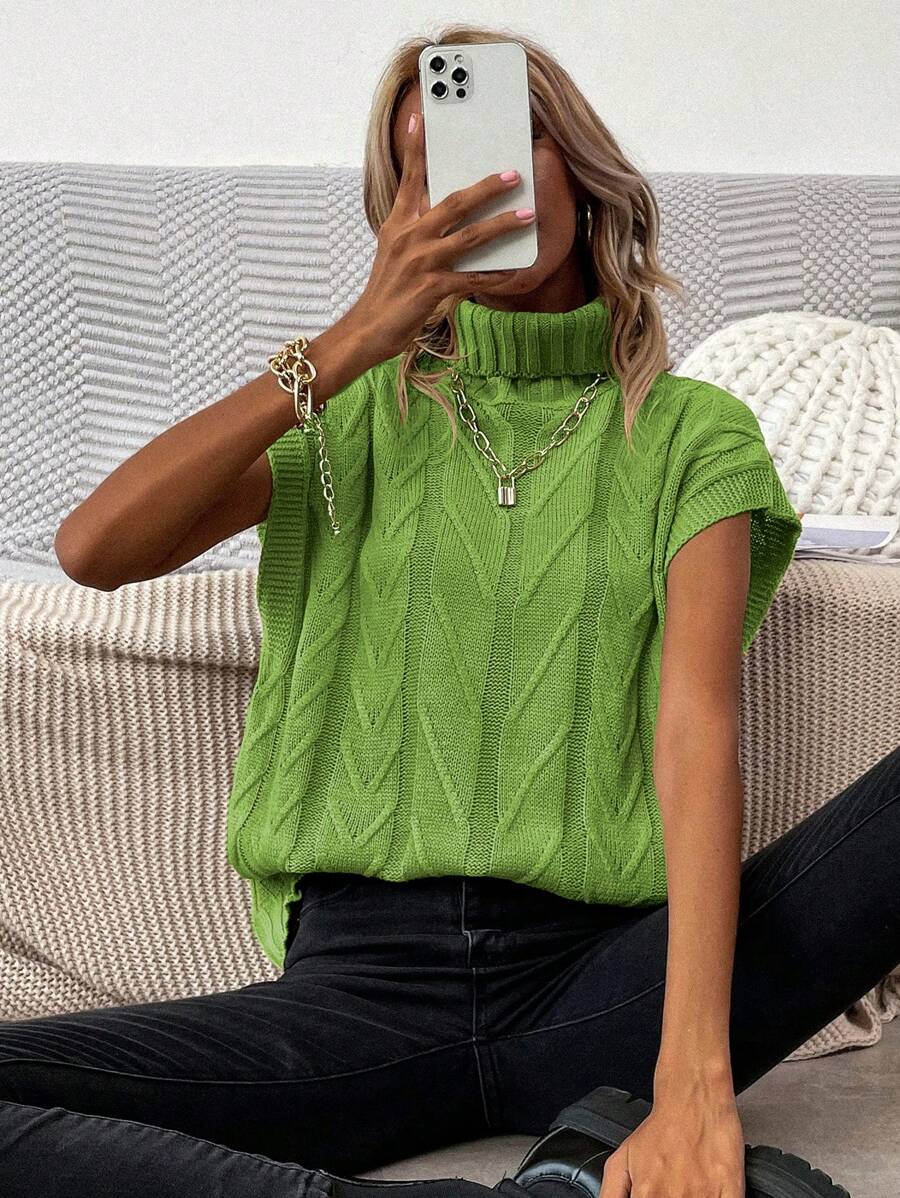 Chiquease Women's Solid Color Turtleneck Short Sleeve Minimalist Knit Top, Casual Everyday Wear - Green - View 1