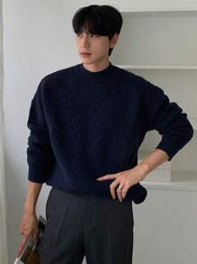 DAZY 男士纯色圆领长袖基本款毛衣，秋季休闲装 - 藏蓝色 - 查看 6