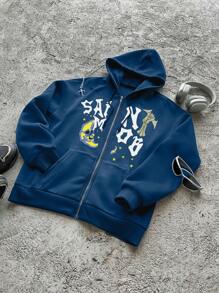 Manfinity Dauomo Men's Letter Graphic Dropped Shoulder Zip-Up Hoodie - Blue - View 1