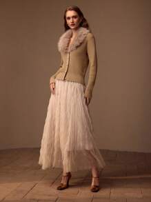 MOTF PREMIUM 蓬松拼接宽下摆开衫 - 卡其色 - 查看 7