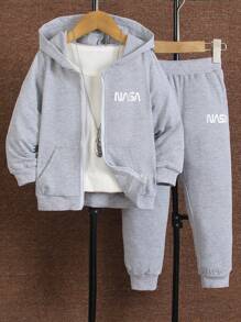 SHEIN 男孩字母圖形袋鼠口袋連帽衛衣和運動長褲,不含t恤 - 淺灰色 - 查看 1