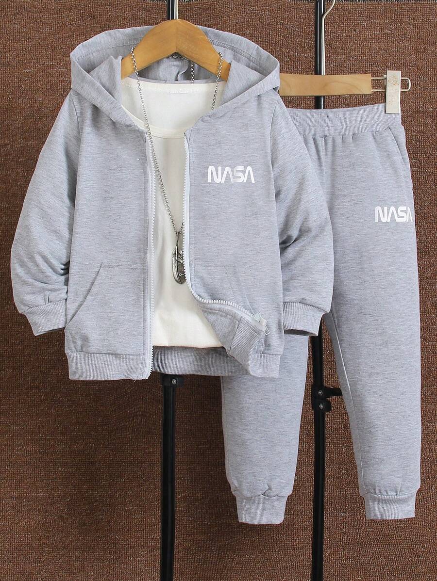 SHEIN 男孩字母圖形袋鼠口袋連帽衛衣和運動長褲,不含t恤 - 淺灰色 - 查看 1