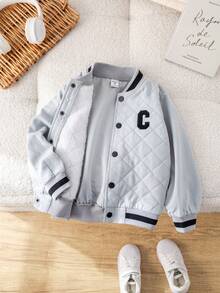 SHEIN 1 chiếc áo khoác bomber kẻ sọc chần bông lót nhiệt cho bé trai, thích hợp cho ngày tựu trường, sinh nhật, tiệc chào đón em bé, tiệc em bé, phù hợp cho mùa thu/đông - Xám - Xem 6