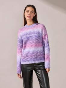 BizChic Christmas Gradient Pink-Purple Knit Sweater Tops, Fashionable Commute Wear For Women, Spring/Summer Offic