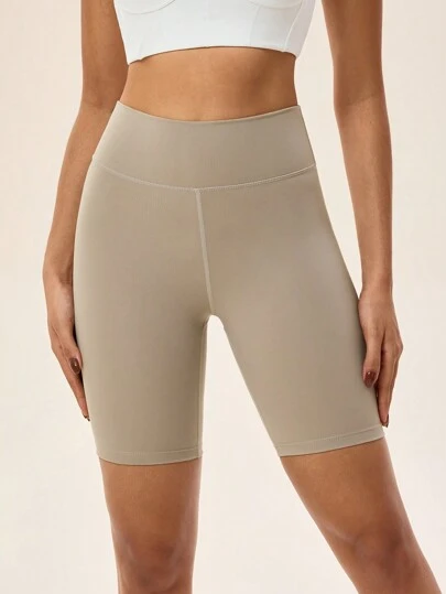 Lifespree Solid Color Seamless Wide Waistband Yoga Shorts