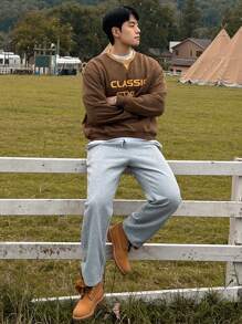 DAZY Men's Casual Contrast Color Letter Print Pullover Sweatshirt, Autumn Vacation - Brown - View 7