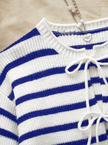 SHEIN VCAY Women's Loose Round Neck Tie-Up Long Sleeve Bowknot Cardigan, Bow Decoration, Fall Women