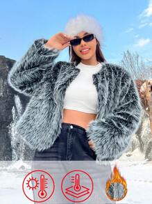 SHEIN EZwear Plus Size Women's Solid Color Long Sleeve Open Front Loose Furry Winter Coat, Warm Clothes
