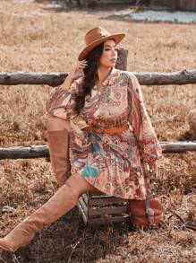 Freevana Plus Size Retro V-Neck Print Button Lantern Sleeve A-Line Dress, Autumn/Winter Boho Holiday Western Pastoral Casual Dress - Multicolor - View 5