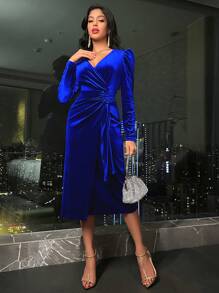 EMERY ROSE Puff Sleeve Knot Side Wrap Hem Velvet Dress Maxi Women Outfit Fall Cloth For Women - Royal Blue - View 3