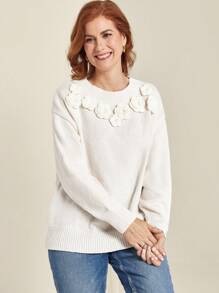 EMERY ROSE Maglione lavorato a maglia con decorazione floreale 3D, tinta unita, casual per autunno/inverno, taglie comode - Bianco - Visualizzare 1