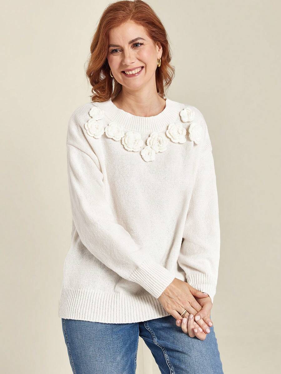 EMERY ROSE Maglione lavorato a maglia con decorazione floreale 3D, tinta unita, casual per autunno/inverno, taglie comode - Bianco - Visualizzare 1