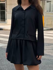 Chiquease 2 件套女士黑色长袖领子铆钉上衣和郁金香下摆裙子 - 黑色 - 查看 3