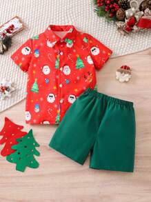 2pcs Young Boys Christmas Party Casual Gentleman Santa Claus, Reindeer, Christmas Tree Random Print Red Short Sleeve Shirt + Olive Green Shorts With Pockets Set, Suitable For Holiday Celebration, Family Gathering, Party And Dinner