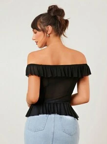 SHEIN SXY 黑色上衣；秋季女装；性感女士休闲约会黑色高弹力网眼面料透视线领荷叶边装饰女士上衣；优雅女士服装，适合日常约会、夜总会、派对和情人节活动 - 黑色 - 查看 2