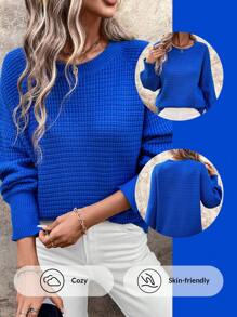 SHEIN LUNE 女士灯笼袖圆领长袖宽松休闲时尚毛衣，长袖上衣秋冬克莱因蓝色毛衣 - 寶藍色 - 查看 3