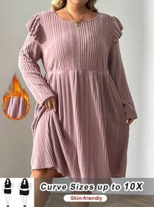 SHEIN CURVE+ 大码荷叶边罗纹针织纯色长裙，秋季 - 藕粉色 - 查看 9