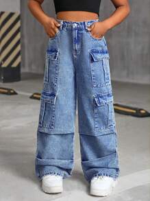 SHEIN Quần jeans cargo ống rộng, nhiều túi, phong cách Y2K dành cho bé gái tuổi teen, thích hợp cho mùa thu đi học. - Rửa trung bình - Xem 4