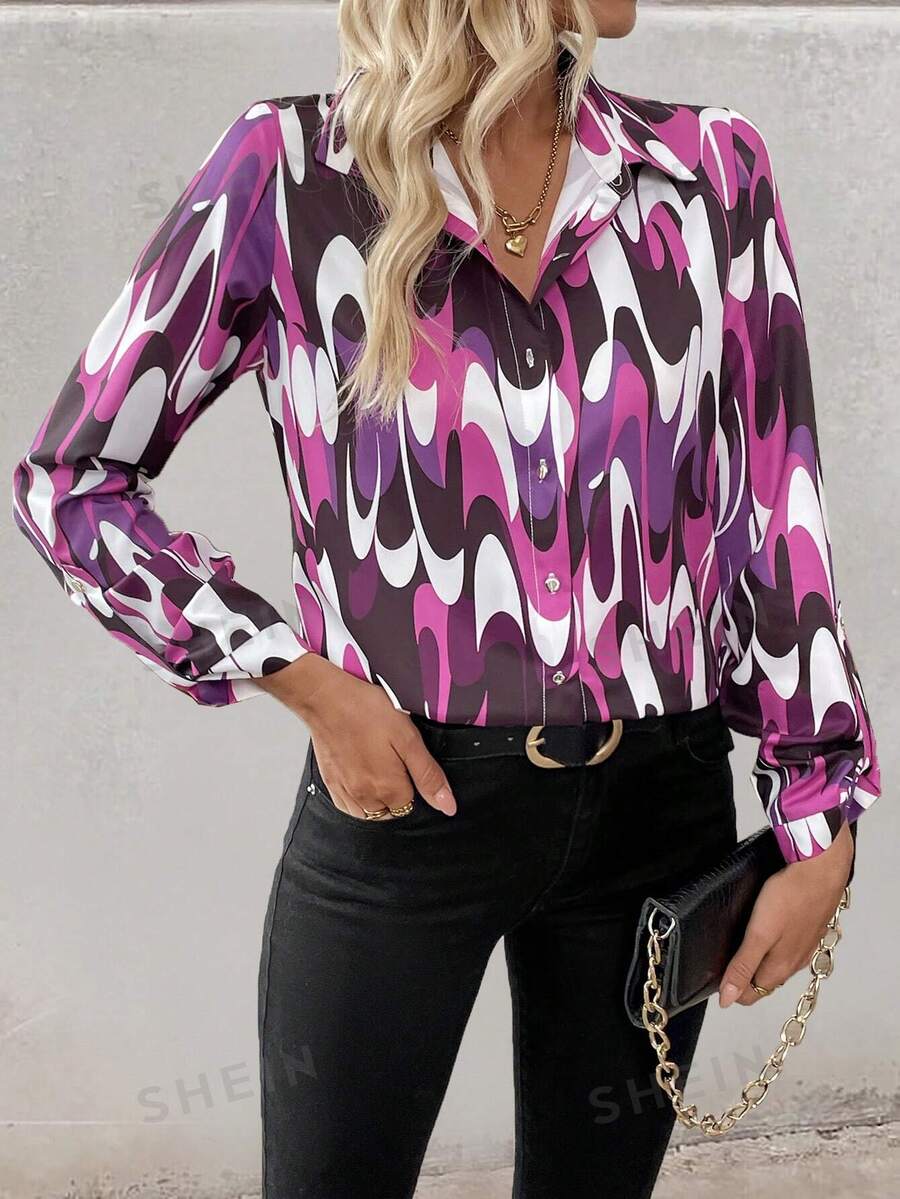 Chiquease Camisa elegante, encantadora y de moda de manga larga con botones y estampado completo para mujer