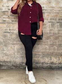 SHEIN LUNE Plus Size Women Casual Solid Color Drop Shoulder Loose Pockets Button-Down Shirt