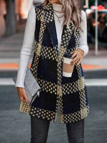 SHEIN Clasi Allover Print Button-Front Sleeveless Midi Plaid Jacket - Multicolor - View 1