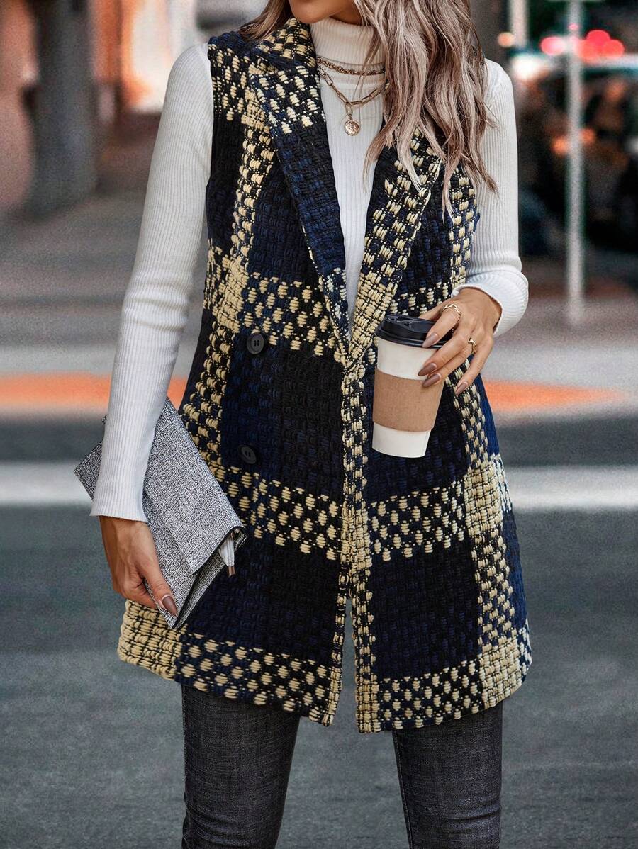 SHEIN Clasi Allover Print Button-Front Sleeveless Midi Plaid Jacket - Multicolor - View 1