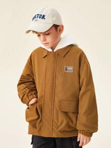 SHEIN Áo khoác lót nhiệt cổ rộng thoải mái cho bé trai tuổi mới lớn - màu nâu - Xem 3