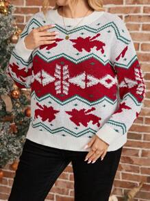 SHEIN LUNE Plus Size Winter Round Neck Long Sleeve Graphic Detailed Casual Knit Top Sweater